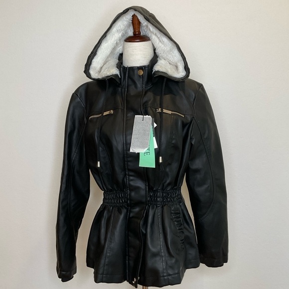 NWT Cavalini Faux Leather with Hood Jacket Black Size PM - Picture 2 of 15